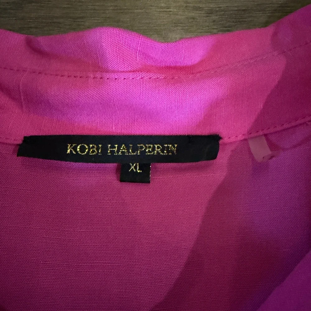 Kobi Halperin Pink Tencel Linen Tiered Midi Shirt Dress XL Hot Pink Long Slv - Picture 2 of 8